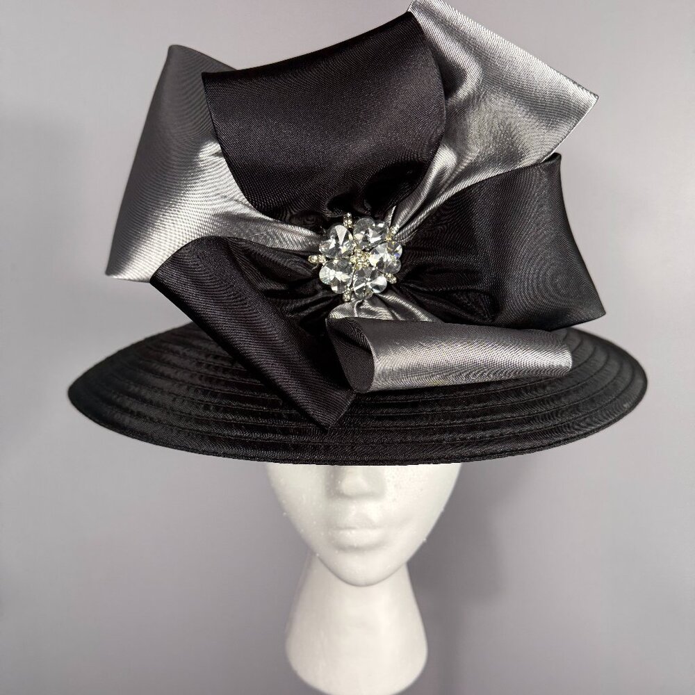 Black Hat with Silver and Black Bow; Large Center Embellished Pin.